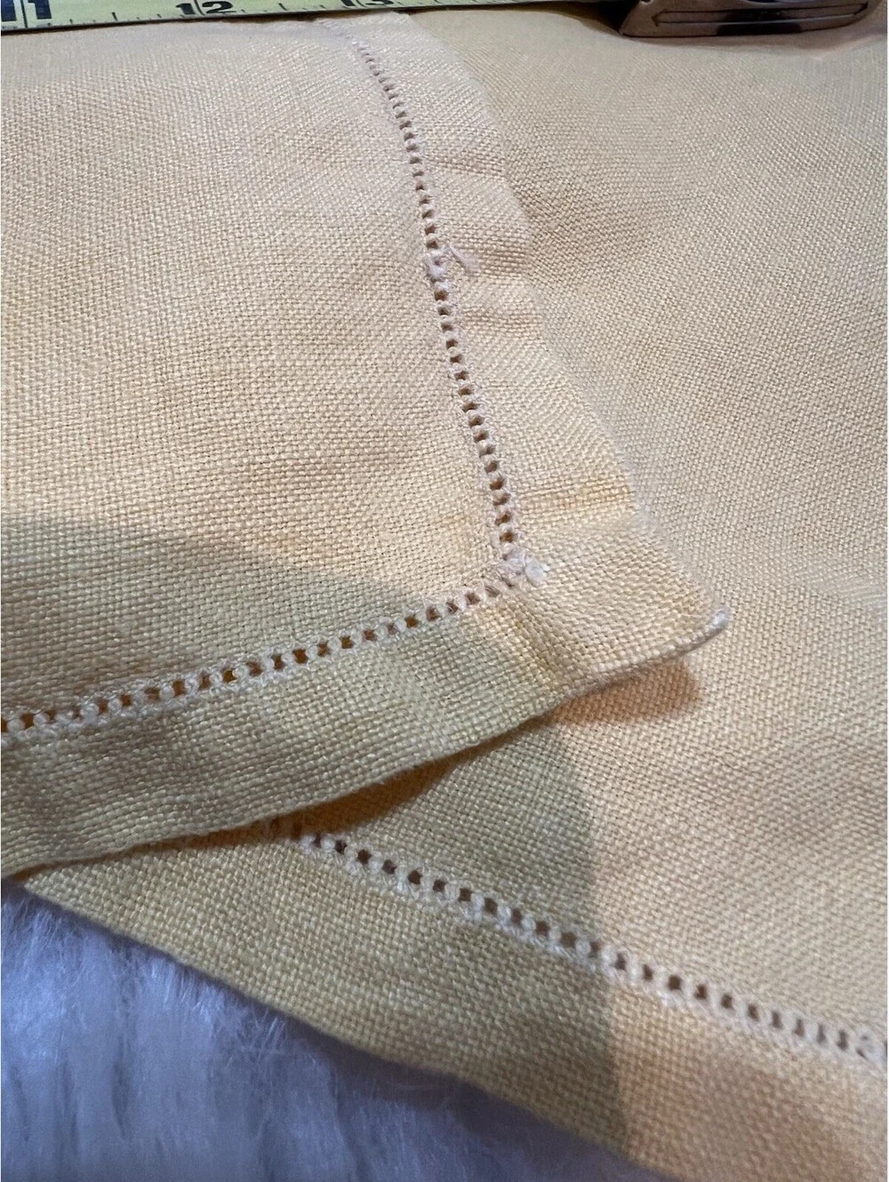 Vintage Set of 3 napkins & placemats Yellow linen hemstitch border.